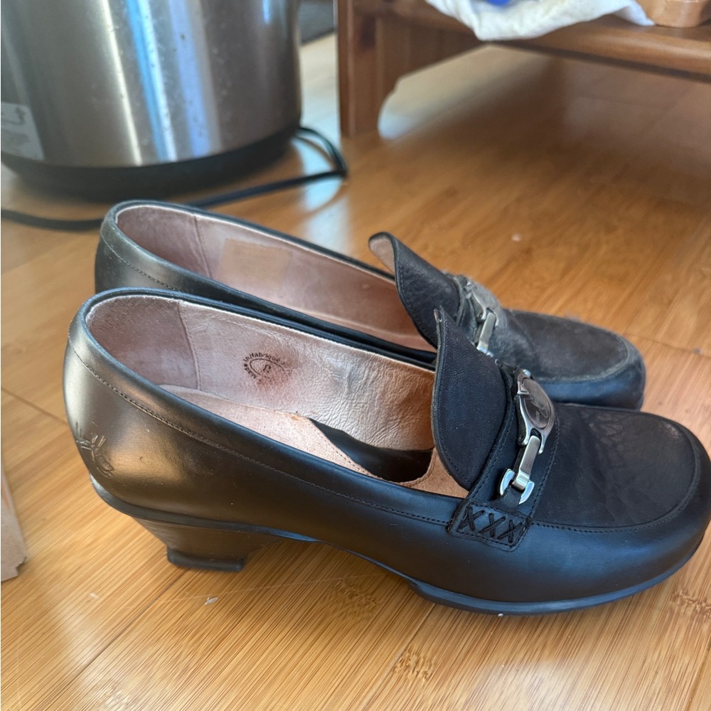 John Fluevog Black Leather and Suede Low Heel Loafers